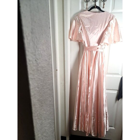 Hebeos  Inspired Light Pink Satin Maxi Wrap Dress With Flutter Sleeves & Waist T - Picture 3 of 13